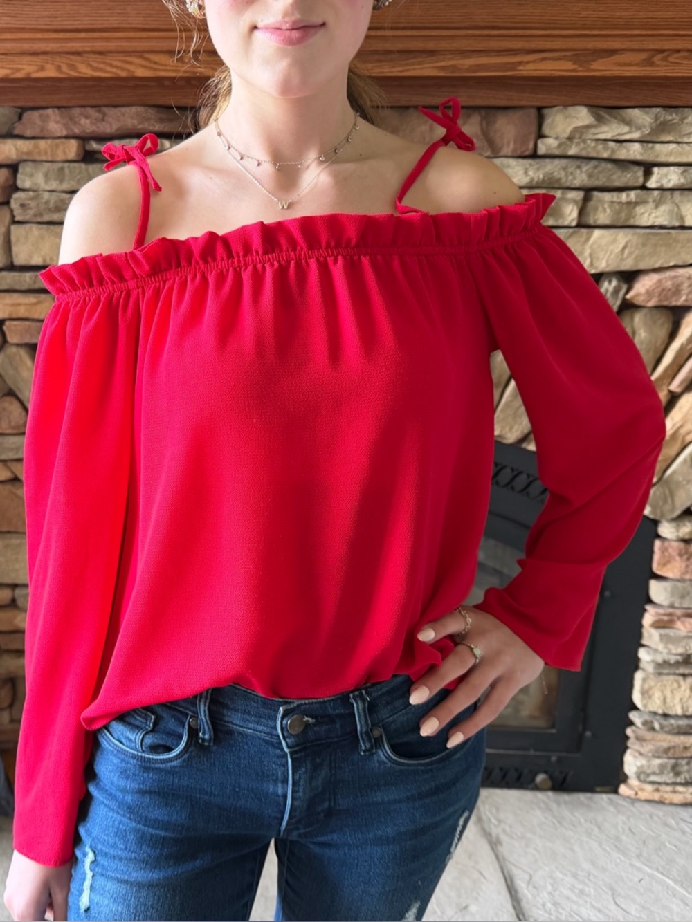 Embroidered Gold Crescent Logo Top in Red